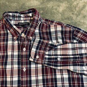 J. Crew Mercantile Flex men long sleeve button down navy burgundy plaid XXL